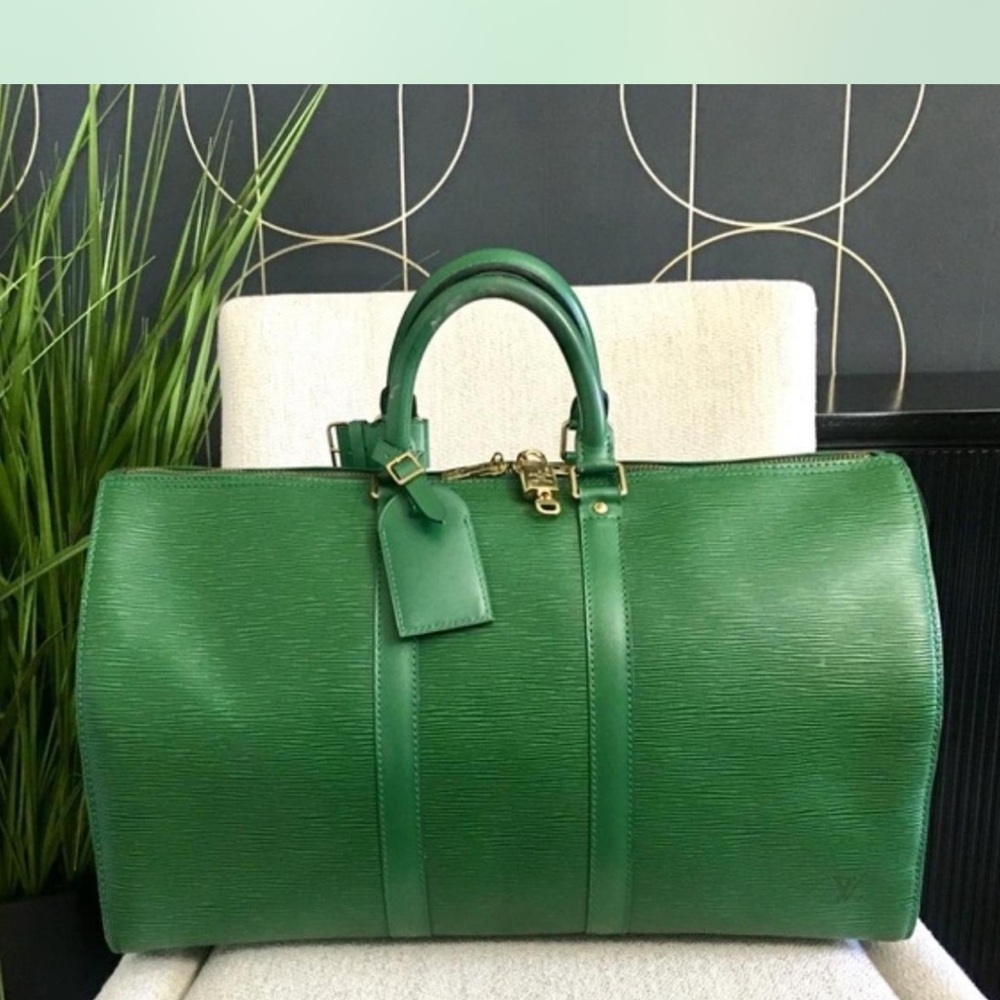 Louis Vuitton Green Leather Bag with Gold Lock